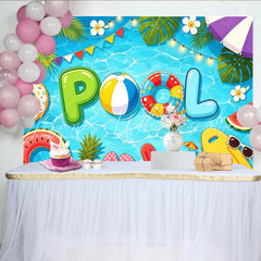 Lofaris Cartoon Pool Birthday Backdrop with Inflatable Letters and Summer Floats Vibrant Party Background for Kids Celebration