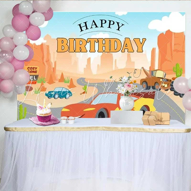Lofaris Cartoon Racing Car Desert Canyon Birthday Backdrop Road Trip Party Decoration Background for Kids