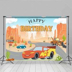 Lofaris Cartoon Racing Car Desert Canyon Birthday Backdrop Road Trip Party Decoration Background for Kids