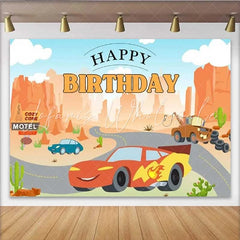 Lofaris Cartoon Racing Car Desert Canyon Birthday Backdrop Road Trip Party Decoration Background for Kids