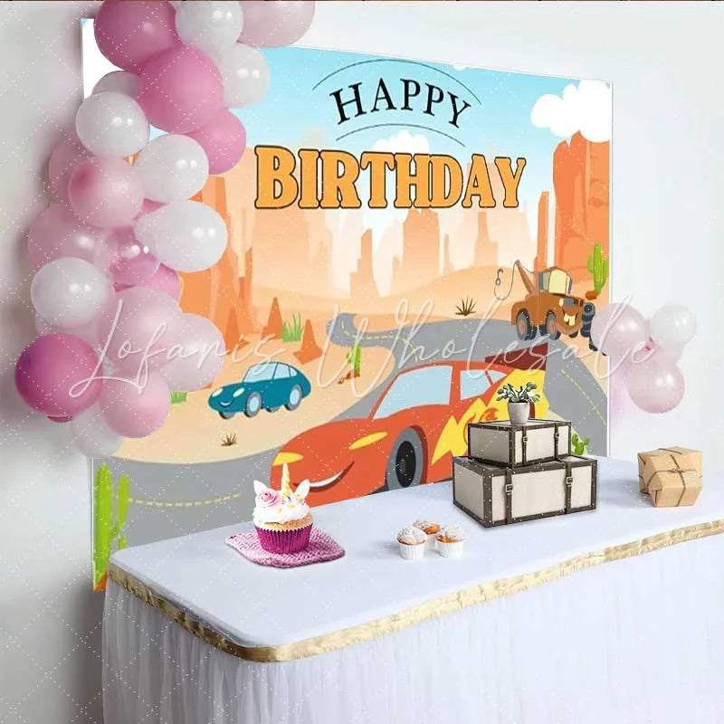 Lofaris Cartoon Racing Car Desert Canyon Birthday Backdrop Road Trip Party Decoration Background for Kids