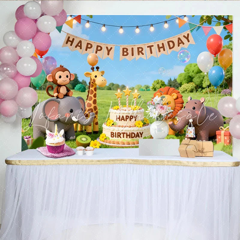 Lofaris Cartoon Safari Animal Happy Birthday Backdrop with Balloons and Cake Green Grass Party Photography Background for Kids