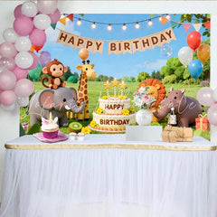 Lofaris Cartoon Safari Animal Happy Birthday Backdrop with Balloons and Cake Green Grass Party Photography Background for Kids