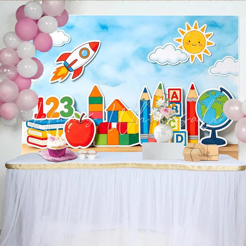 Lofaris Cartoon School Learning Photography Backdrop with Rocket and Globe Colorful Educational Background for Kids Photoshoot