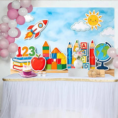 Lofaris Cartoon School Learning Photography Backdrop with Rocket and Globe Colorful Educational Background for Kids Photoshoot