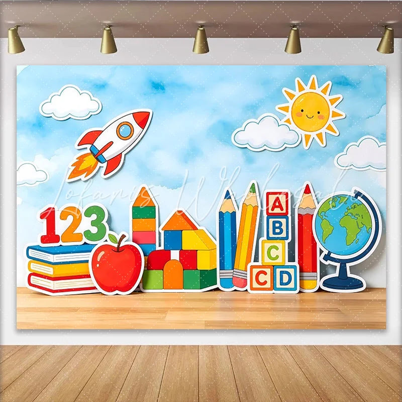 Lofaris Cartoon School Learning Photography Backdrop with Rocket and Globe Colorful Educational Background for Kids Photoshoot