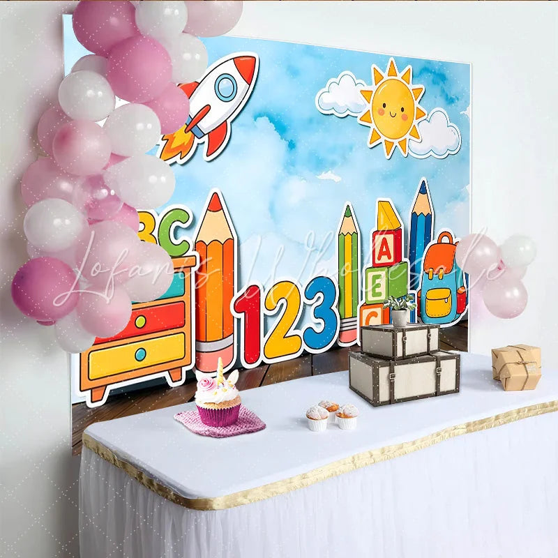 Lofaris Cartoon School Photography Backdrop with ABC Letters and Numbers Colorful Learning Background for Kids Photoshoot and Party