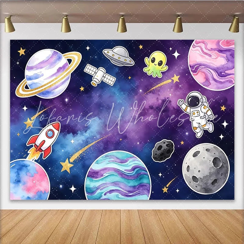 Lofaris Cartoon Space Photography Backdrop with Astronaut Planets and Rocket Ship Vibrant Galaxy Studio Background for Kids Birthday Decor
