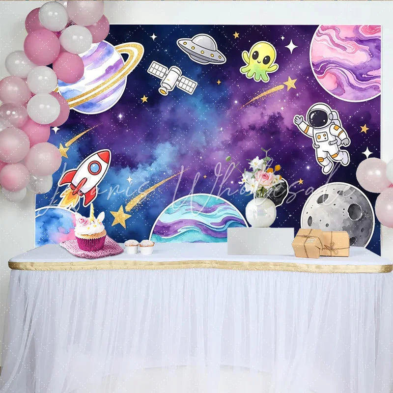 Lofaris Cartoon Space Photography Backdrop with Astronaut Planets and Rocket Ship Vibrant Galaxy Studio Background for Kids Birthday Decor