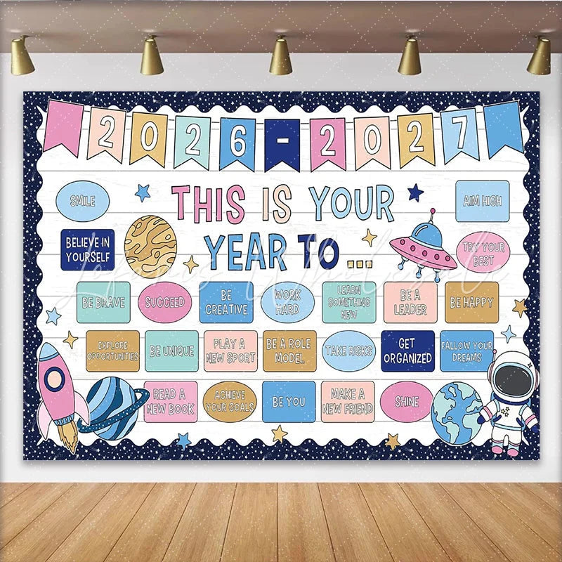 Lofaris Cartoon Space Photography Backdrop with Motivational Phrases and Astronaut White Wood Texture for Classroom or Studio Photoshoot