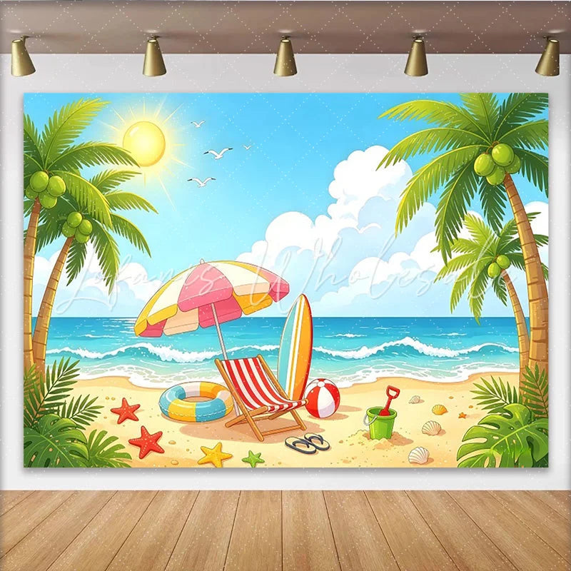 Lofaris Cartoon Summer Beach Photography Backdrop with Palm Trees and Ocean Vibrant Tropical Background for Kids Party and Studio