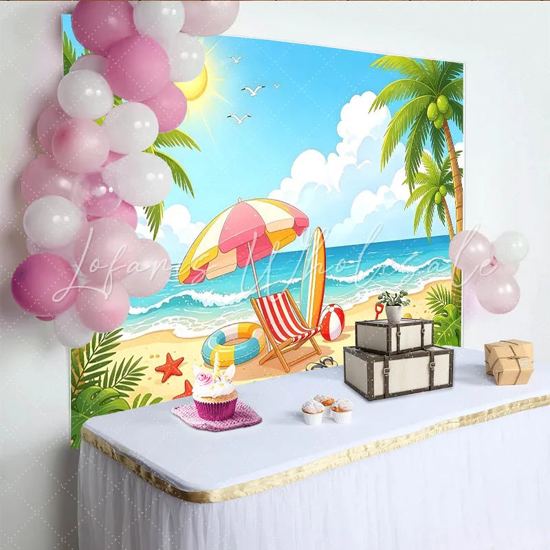 Lofaris Cartoon Summer Beach Photography Backdrop with Palm Trees and Ocean Vibrant Tropical Background for Kids Party and Studio