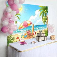 Lofaris Cartoon Summer Beach Photography Backdrop with Palm Trees and Ocean Vibrant Tropical Background for Kids Party and Studio