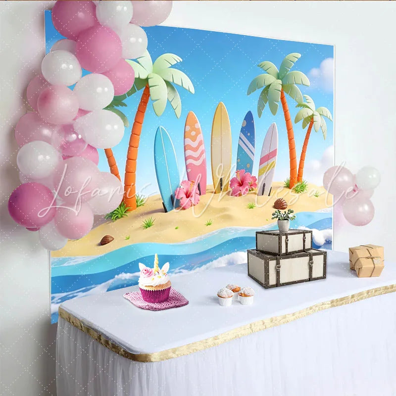 Lofaris Cartoon Tropical Beach Photography Backdrop with Palm Trees and Surfboards Summer Ocean Wave Background for Photoshoot