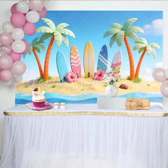 Lofaris Cartoon Tropical Beach Photography Backdrop with Palm Trees and Surfboards Summer Ocean Wave Background for Photoshoot