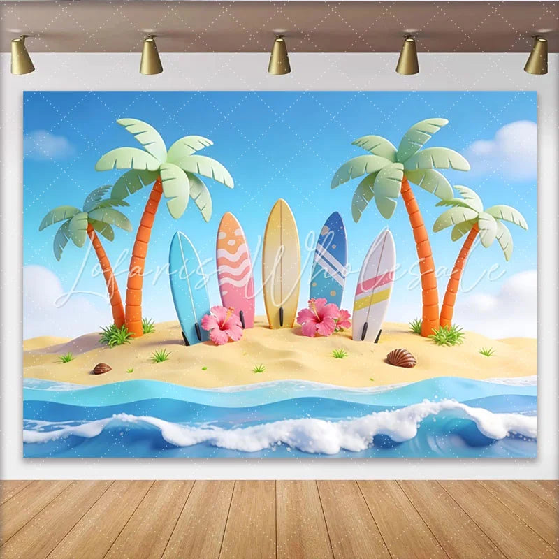 Lofaris Cartoon Tropical Beach Photography Backdrop with Palm Trees and Surfboards Summer Ocean Wave Background for Photoshoot