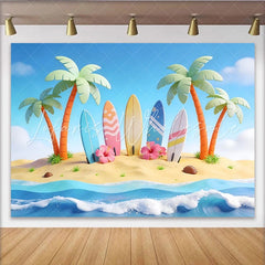 Lofaris Cartoon Tropical Beach Photography Backdrop with Palm Trees and Surfboards Summer Ocean Wave Background for Photoshoot
