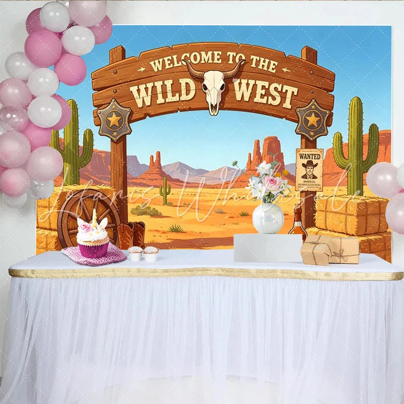 Lofaris Cartoon Wild West Photography Backdrop with Desert Cacti and Cowboy Elements Rustic Photo Background for Party Decor and Photoshoot