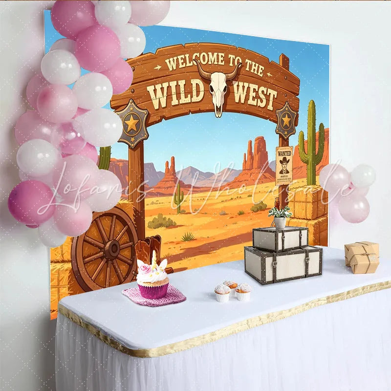 Lofaris Cartoon Wild West Photography Backdrop with Desert Cacti and Cowboy Elements Rustic Photo Background for Party Decor and Photoshoot