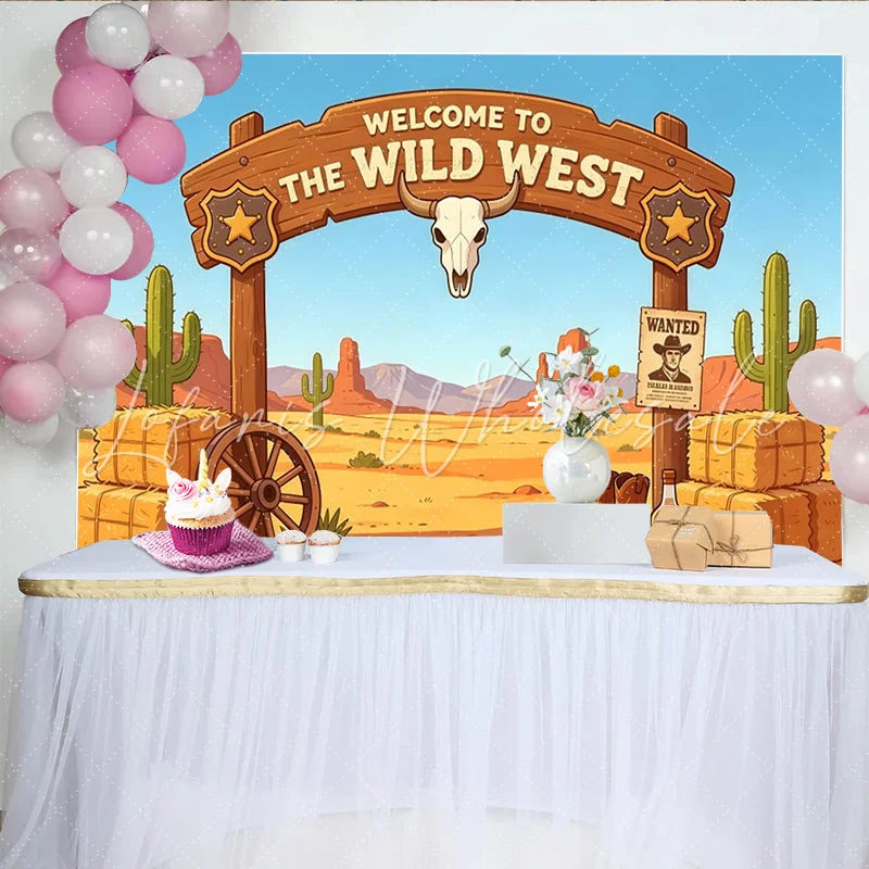 Lofaris Cartoon Wild West Photography Backdrop with Desert Landscape Cowboy Boots and Hay Bales for Studio Background
