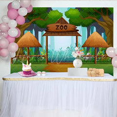 Lofaris Cartoon Zoo Birthday Backdrop with Jungle Forest Entrance and Wooden Gate Wild Animal Theme Background for Kids Party Photoshoot