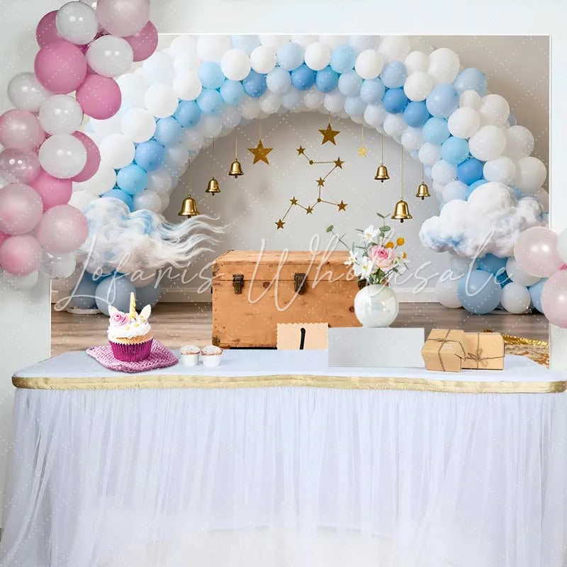 Lofaris Celestial 1st Birthday Backdrop Blue and White Balloon Arch with Gold Bells and Stars for Boy