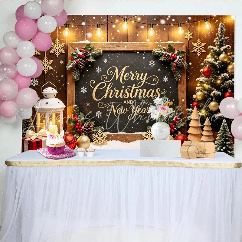 Lofaris Chalkboard Christmas and New Year Backdrop with Festive Lights and Snow Elegant Holiday Party Background for Photos and Winter Decor