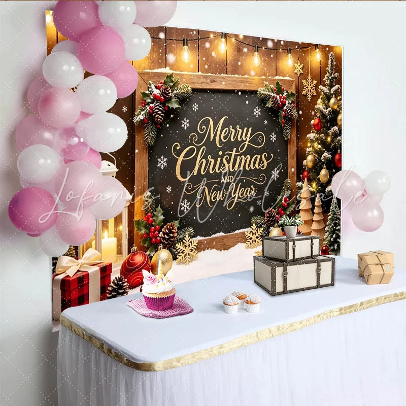 Lofaris Chalkboard Christmas and New Year Backdrop with Festive Lights and Snow Elegant Holiday Party Background for Photos and Winter Decor