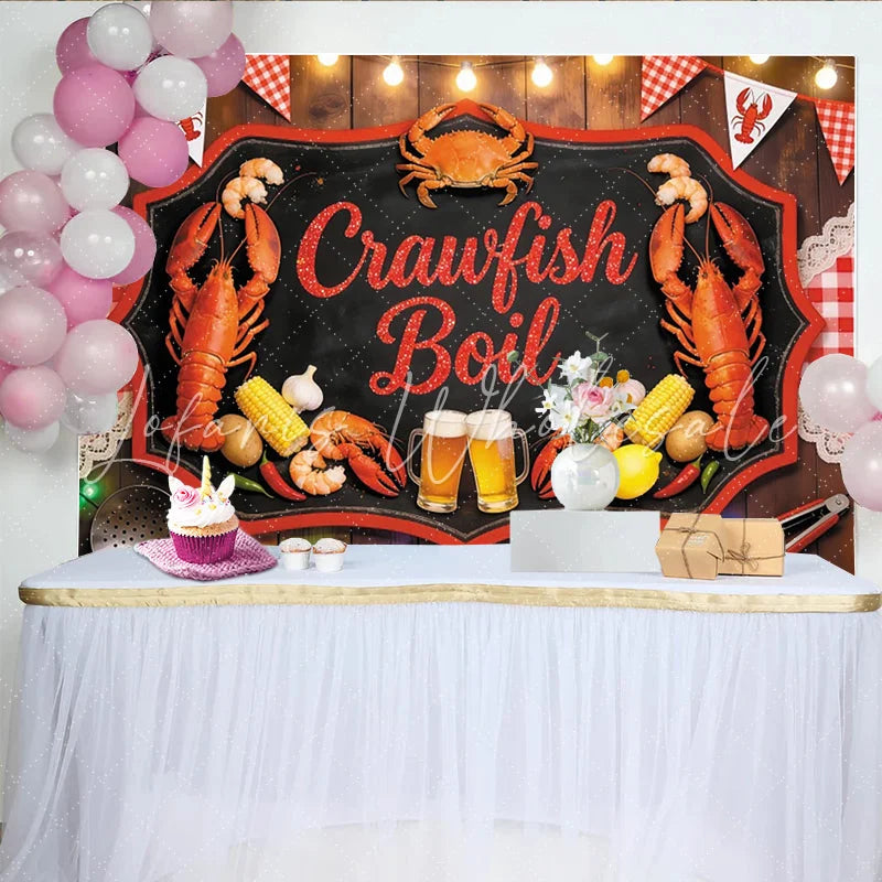 Lofaris Chalkboard Crawfish Boil Backdrop for Summer Party Red Checkered Banner for Backyard Feast Decoration
