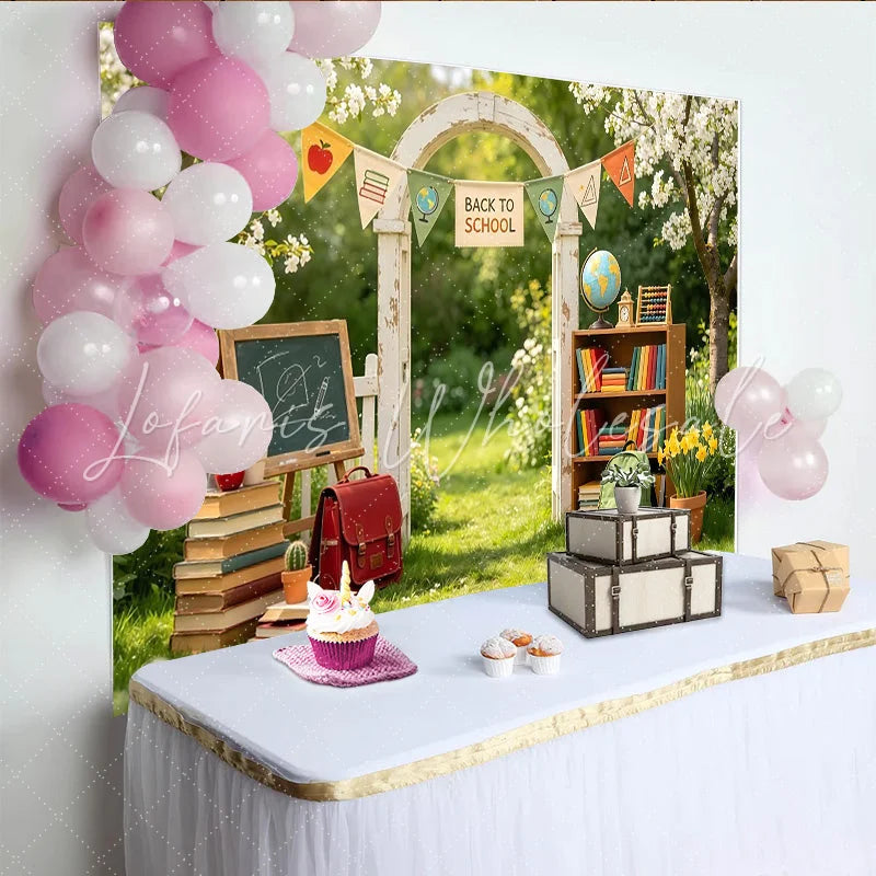 Lofaris Charming Back To School Backdrop with Archway and Books Outdoor Garden Background for Classroom Decor and Photography