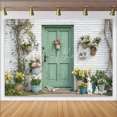 Lofaris Charming Green Door and White Brick Wall Spring Flowers Easter Party Backdrop Festive Celebration Decor