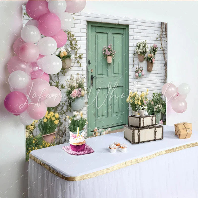 Lofaris Charming Green Door and White Brick Wall Spring Flowers Easter Party Backdrop Festive Celebration Decor