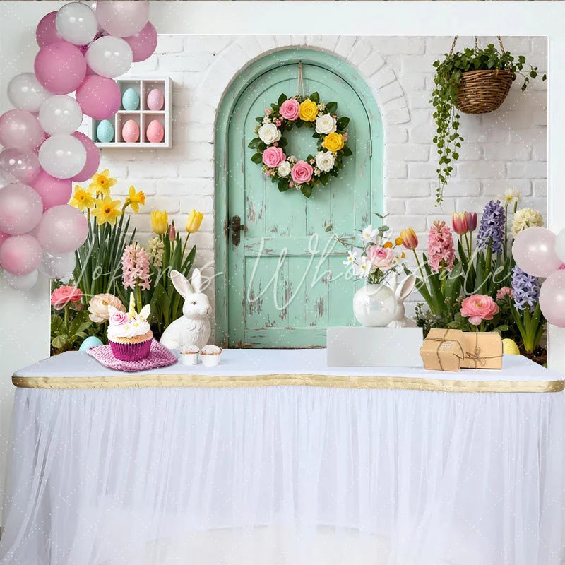 Lofaris Charming Pastel Mint Green Door Party Backdrop with Floral Wreath Easter Bunnies and Spring Flowers