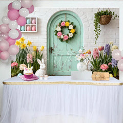 Lofaris Charming Pastel Mint Green Door Party Backdrop with Floral Wreath Easter Bunnies and Spring Flowers