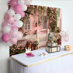 Lofaris Charming Pink House Photography Backdrop with Climbing Roses and White Fence Romantic Floral Garden Background for Spring Photoshoot
