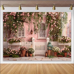 Lofaris Charming Pink House Photography Backdrop with Climbing Roses and White Fence Romantic Floral Garden Background for Spring Photoshoot