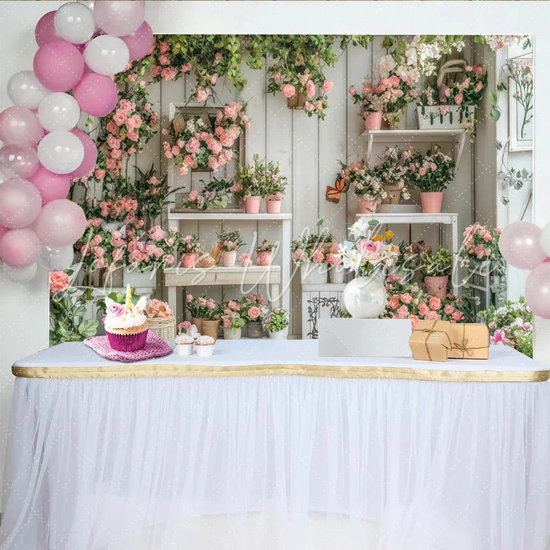 Lofaris Charming Pink Rose Floral Garden Photography Backdrop with Rustic White Wood Wall Elegant Studio Background for Portrait
