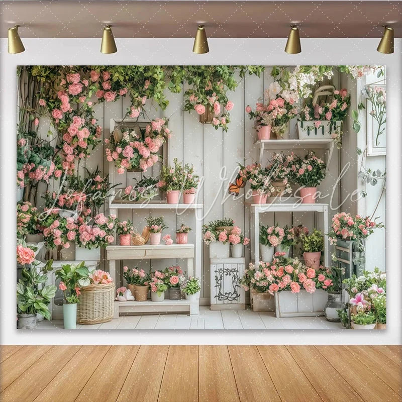Lofaris Charming Pink Rose Floral Garden Photography Backdrop with Rustic White Wood Wall Elegant Studio Background for Portrait