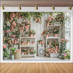 Lofaris Charming Pink Rose Floral Garden Photography Backdrop with Rustic White Wood Wall Elegant Studio Background for Portrait