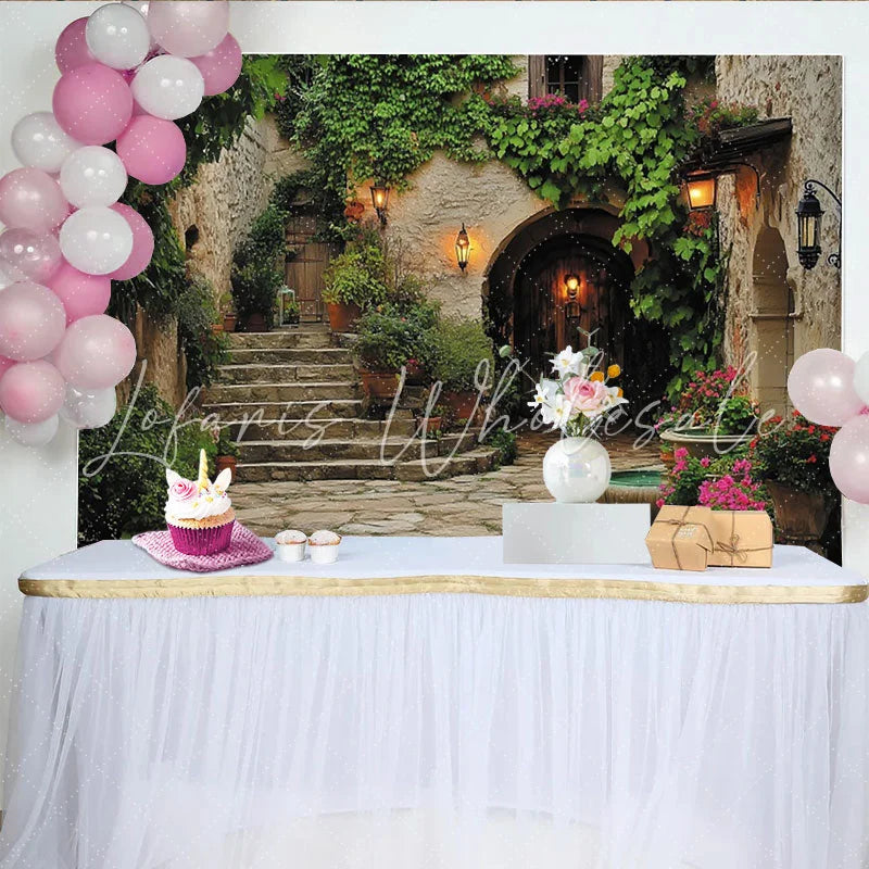 Lofaris Charming Rustic European Courtyard Photography Backdrop Stone Walls with Arch Door Green Ivy and Blooming Flowers