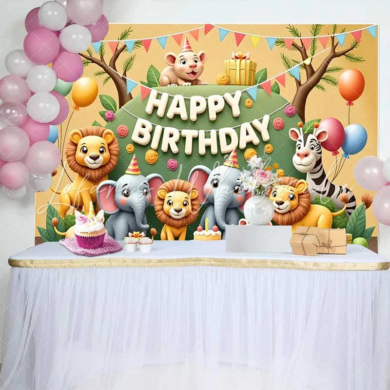 Lofaris Cheerful Cartoon Safari Animals Happy Birthday Backdrop featuring Lions Elephants and Zebra for Kids Party