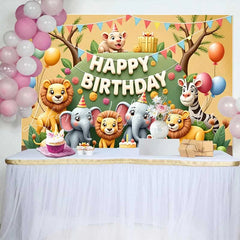 Lofaris Cheerful Cartoon Safari Animals Happy Birthday Backdrop featuring Lions Elephants and Zebra for Kids Party