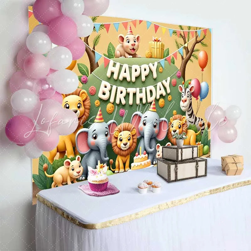 Lofaris Cheerful Cartoon Safari Animals Happy Birthday Backdrop featuring Lions Elephants and Zebra for Kids Party