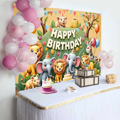 Lofaris Cheerful Cartoon Safari Animals Happy Birthday Backdrop featuring Lions Elephants and Zebra for Kids Party