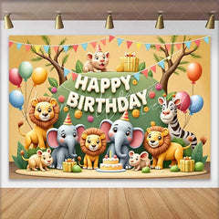 Lofaris Cheerful Cartoon Safari Animals Happy Birthday Backdrop featuring Lions Elephants and Zebra for Kids Party