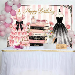 Lofaris Chic Pink and Black Fashion Birthday Backdrop Elegant Dresses and Books Photo Background for Party Decor