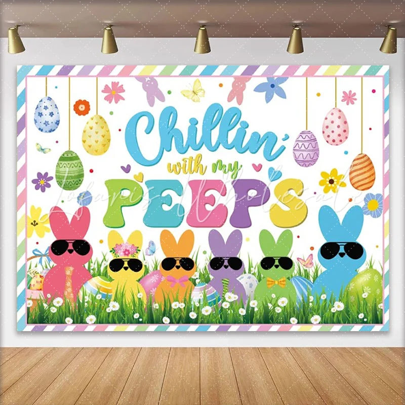 Lofaris Chillin With My Peeps Easter Backdrop Colorful Bunnies Sunglasses Spring Egg Hunt Party Decoration