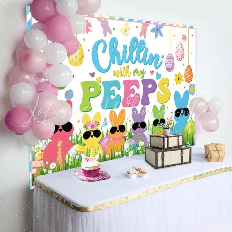 Lofaris Chillin With My Peeps Easter Backdrop Colorful Bunnies Sunglasses Spring Egg Hunt Party Decoration