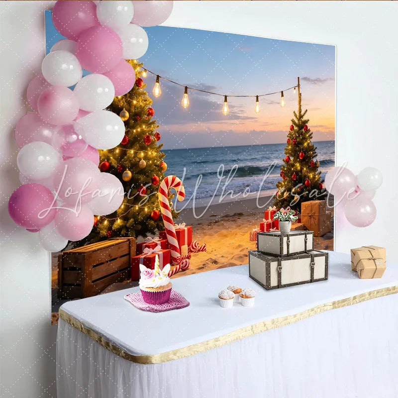 Lofaris Christmas Beach Backdrop with Decorated Trees Ocean Sunset and Gifts Festive Holiday Photography Background for Party Decor