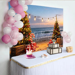 Lofaris Christmas Beach Backdrop with Decorated Trees Ocean Sunset and Gifts Festive Holiday Photography Background for Party Decor